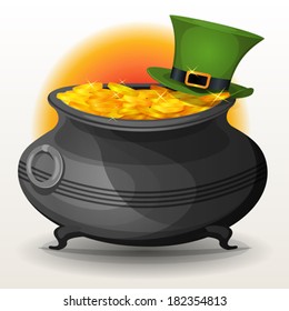 St. Patrick's Day Cauldron/ Illustration of a cartoon cauldron full of golden coins with green hat for st. patrick's holidays