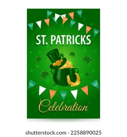 Celebración del Día de San Patricio. Antecedentes con suministros de fiesta afortunada herradura dorada, maceta del tesoro de Leprechaun, sombrero verde con hebilla dorada, guirnalda con banderas. Ilustración vectorial.