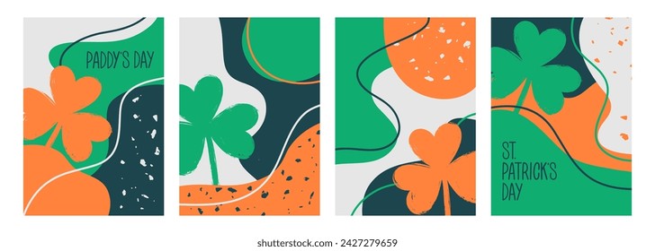 St. Patrick's Day celebration backgrounds with shamrock symbol for Paddy's Day holiday greetings and invitations. Hand drawn abstract shapes and outlines. Vector illustration.