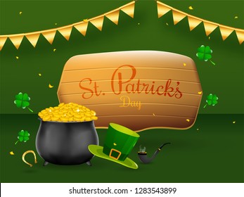 St. Patrick's Day celebration banner design, traditional coin pot with hat on green background.