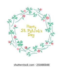 St. Patrick's day celebration card with vector hand drawn clovers wreath.
