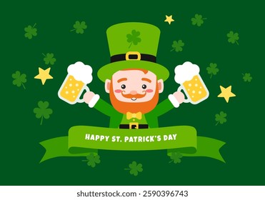 St Patrick's Day Celebration with a Cartoon Leprechaun in a Green Suit Pushing Glass of Beer Up featuring Irish Shamrock Clovers and Star Shapes perfect for a Festive Saint Patrick theme