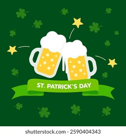 St Patrick's Day Celebration with a Cartoon Cheering Beer Mug on Green Background featuring Irish Shamrock Clovers and Star Shapes perfect for a Festive Saint Patrick theme