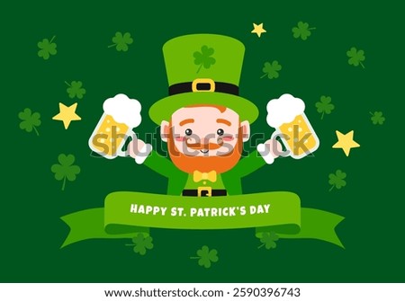St Patrick's Day Celebration with a Cartoon Leprechaun holding Four Leaf Clover in Green Suit Pushing Glass of Beer Up featuring Irish Shamrock and Star Shapes perfect for Festive Saint Patrick theme