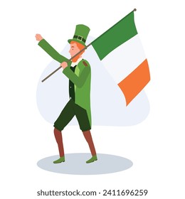 St Patrick's Day Celebration. Cheerful Man in Leprechaun Costume holding Irish flag