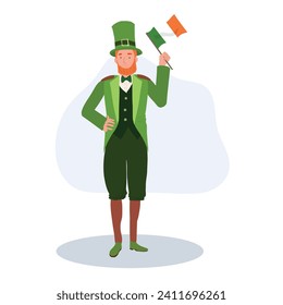 St Patrick's Day Celebration. Cheerful Man in Leprechaun Costume holding Irish flag