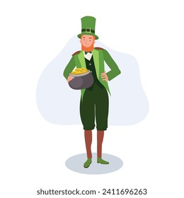  St Patrick's Day Celebration. Cheerful Man in Leprechaun Costume with Gold Pot