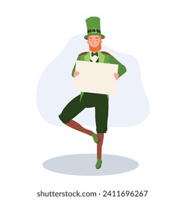 St Patrick's Day Celebration. Cheerful Man in Leprechaun Costume holding blank sign