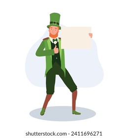 St Patrick's Day Celebration. Cheerful Man in Leprechaun Costume holding blank sign