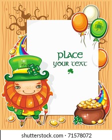 St Patrick's Day celebration composition featuring Irish holidays symbols: Leprechaun, pot of gold, golden coins,  rainbow, Irish flag color baloons flying around. White message board with copyspace