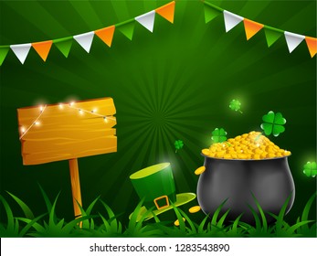 St. Patrick's Day celebration concept, illustration of traditional coin pot with leprechaun hat on green ray background.