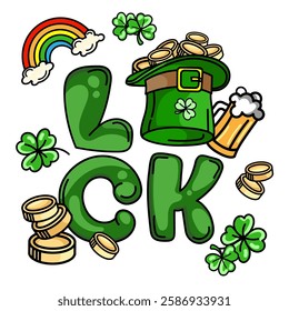 St. Patrick's Day celebration concept. Green Luck lettering with leprechaun hat,gold coins and clover,rainbow beer, for party decorations, greeting cards, stickers, icons, holiday print design. Vector