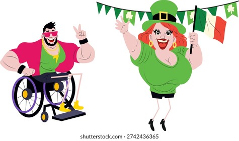 St. Patrick's Day Celebration with Diverse People, An illustration depicts an inclusive St. Patrick's Day celebration, featuring a person in a wheelchair and another waving an Italian flag. It symbolizes cultural pride and diversity during the holiday.