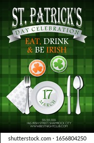 St. Patricks Day celebration, eat, drink and be irish text on green tartan background invitation, card, poster or flyer template with beer mats, plate, knife, fork, spoon and napkin

