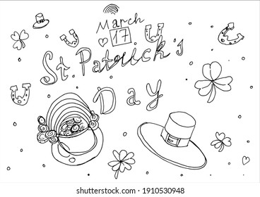 St. Patrick's Day celebration elements set isolated on white background. Outline. Vector sketch illustration. 