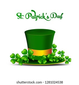 St. Patrick's Day celebration greeting card design with leprechaun hat and shamrock leaves illustration on white background.