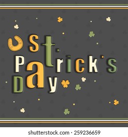 St. Patrick's Day celebration greeting card design with horseshoe on shamrock leaves decorated background.