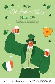 St. Patrick's Day Celebration. Happy Saint Patrick's Day background. March 17. Cartoon Vector illustration design for Poster, Banner, Flyer, Greeting, Card, Cover, Post, Invitation. Ireland Feast day.