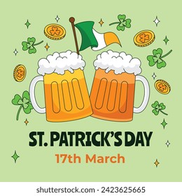 St. Patrick's Day Celebration. Happy Saint Patrick's Day background. March 17. Cartoon Vector illustration design for Poster, Banner, Flyer, Greeting, Card, Cover, Post, Invitation. Ireland Feast day.