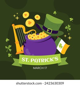 St. Patrick's Day Celebration. Happy Saint Patrick's Day background. March 17. Cartoon Vector illustration design for Poster, Banner, Flyer, Greeting, Card, Cover, Post, Invitation. Ireland Feast day.