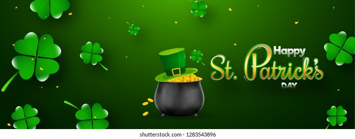 St. Patrick's Day celebration header or banner design, illustration of traditional coin pot with leprechaun hat on clover leaves decorated background.