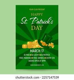 St. Patrick's Day celebration invitation background. Flyer design for the March 17 party. Pile of gold, Leprechaun hat, golden shamrock. Vector illustration.
