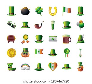 st patricks day celebration irish icons hat cauldron coin leprechaun heart flag clover horseshoe vector illustration