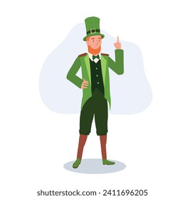 St Patrick's Day Celebration. Man in Leprechaun Costume Pointing index finger to recommend.