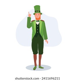 St Patrick's Day Celebration. Man in Leprechaun Costume Pointing index finger to recommend.