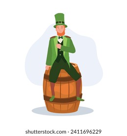  St Patrick's Day Celebration. man in Leprechaun Costume sitting on oak barrel