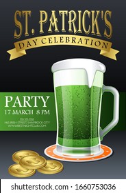 St. Patricks Day celebration party golden text on gray background with mug of green beer and Leprechauns gold coins treausure invitation, card, poster or flyer vector template