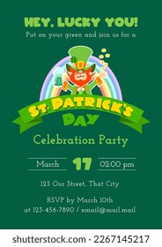 St. Patrick's Day celebration party invitation template. Festive illustration of a funny leprechaun with a pint of green beer and coins on a background of rainbow. Vector 10 EPS.