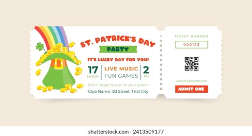 St. Patrick's Day celebration party ticket template. Invitation background decorated with a rainbow light falls into a green leprechaun hat full of coins. Vector 10 EPS.