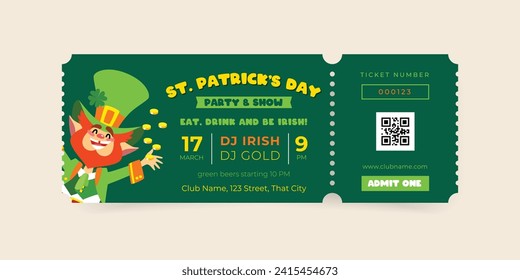 St. Patrick's Day Feierlichkeiten Ticket Vorlage. Einladender Hintergrund mit einem lustigen, lächelnden Kobobaun, der mit Münzen spielt. Vektor 10 EPS.