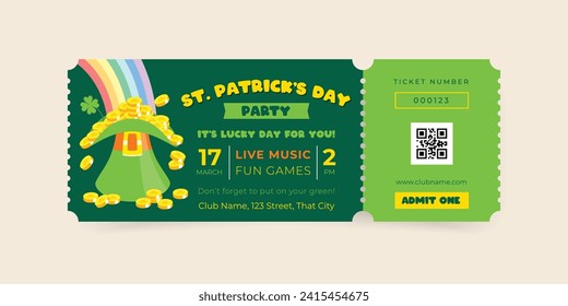 St. Patrick's Day celebration party ticket template. Invitation background decorated with a rainbow light falls into a green leprechaun hat full of coins. Vector 10 EPS.