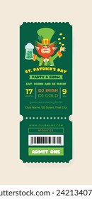 Plantilla de boleto de fiesta de celebración del Día de San Patricio. Fondo de invitación decorado con un gracioso leprechaun sonriente sosteniendo una pinta de cerveza verde y jugando con monedas. Vector 10 EPS.