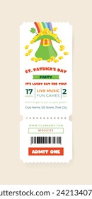 St. Patrick's Day celebration party ticket template. Invitation background decorated with a rainbow light falls into a green leprechaun hat full of coins. Vector 10 EPS.