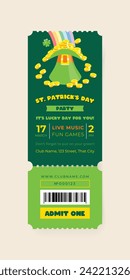 St. Patrick's Day celebration party ticket template. Invitation background decorated with a rainbow light falls into a green leprechaun hat full of coins. Vector 10 EPS.