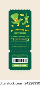 St. Patrick's Day celebration party ticket template. Invitation background decorated with a green leprechaun hat, shoe and coins. Vector 10 EPS.
