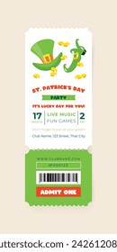 St. Patrick's Day celebration party ticket template. Invitation background decorated with a green leprechaun hat, shoe and coins. Vector 10 EPS.
