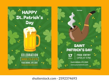 St. Patrick's day celebration poster and flyer template with beer mug and smoking pipe irish festival party invitation