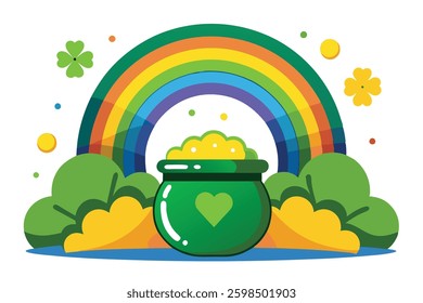St. Patrick's Day celebration with pot of gold and rainbow illustration. St Patrick day background