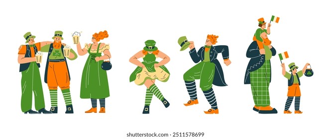 St. Patrick's Day celebration set. Vector illustrations of man, woman, and child in traditional attire with green hats dancing on white background