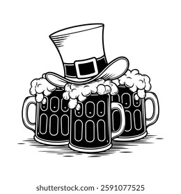 St. Patrick's Day Celebration: Three Frothy Beers and a Leprechaun Hat - Vector Graphic