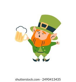 St. Patrick's Day celebration with vector illustration of a cheerful leprechaun holding a mug of beer. Features a traditional Irish character wearing a green hat, perfect for a holiday design.