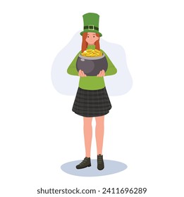 St Patricks Day Celebration. Woman Holding Pot of Gold Lucky Charm