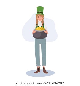 St Patricks Day Celebration. Woman Holding Pot of Gold Lucky Charm