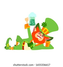 St. Patrick's Day character. Illustration of funny lying leprechaun with a pint of green beer in cartoon style isolated on 
white background. Vector 8 EPS.