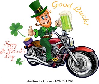 St. Patrick's Day, cheerful Leprechaun with mug of beer on motorbike.