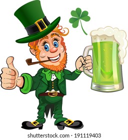 St. Patrick's Day, cheerful Leprechaun with mug of green beer